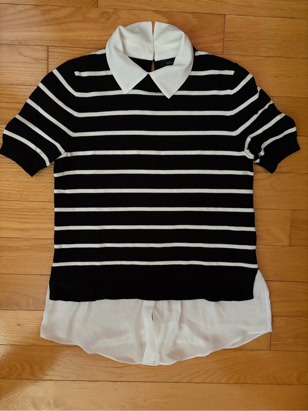 RW&CO. Black & White Striped Short Sleeve Pullover with White Collar